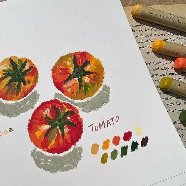 Beginners Oil Pastel Art and Drawings - Cat Drawing 3 Realistic oil pastel drawing of ripe tomatoes, incorporating subtle mustard yellow undertones for depth and freshness.