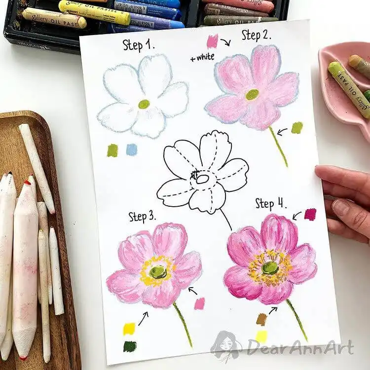 Beginners Oil Pastel Art and Drawings - Cat Drawing 4 Simple and cute pink flower drawing created with oil pastels, demonstrating easy techniques for beginner artists.