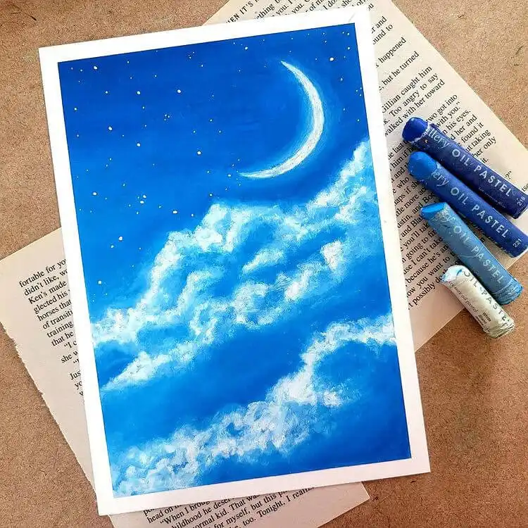 Beginners Oil Pastel Art and Drawings - Cat Drawing 5 Atmospheric oil pastel drawing of a blue night sky, suitable for beginners practicing landscape and blending techniques.