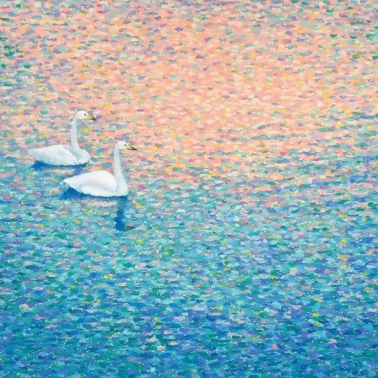 Beginners Oil Pastel Art and Drawings - Cat Drawing 7 Elegant oil pastel painting featuring two swans gracefully swimming in a lake, ideal for artists improving their animal and water scenes.