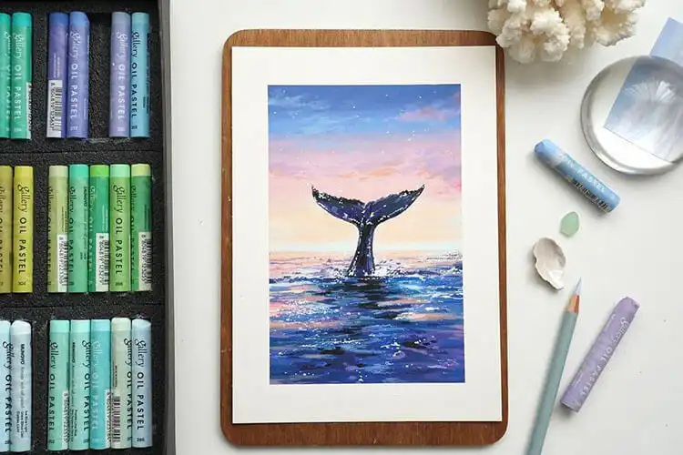 Beginners Oil Pastel Art and Drawings - Cat Drawing 10 Majestic oil pastel drawing of a whale in the ocean, encouraging beginners to depict grand marine creatures and water movement.