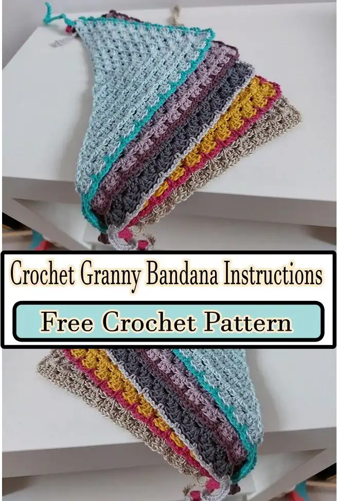 Vibrantly colored crochet granny triangle bandana featuring multiple yarn colors in stripes or color blocks, showcasing a playful and creative design.