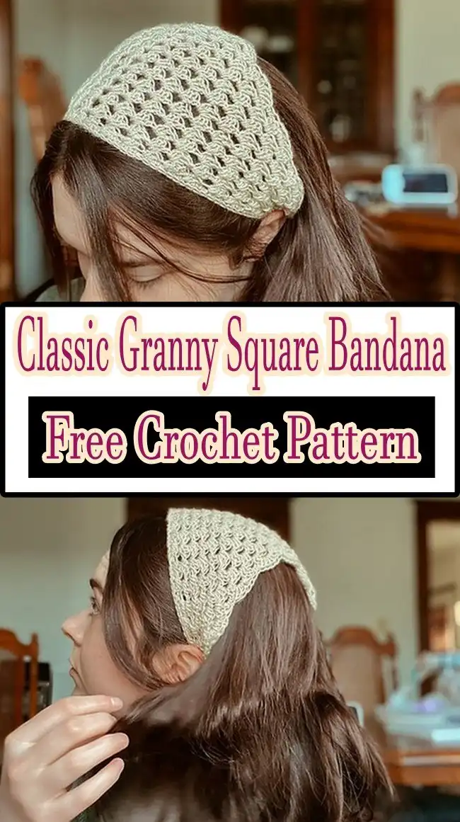 Crochet bandana constructed from joined classic granny squares, forming a triangular shape with a vintage, patchwork aesthetic.