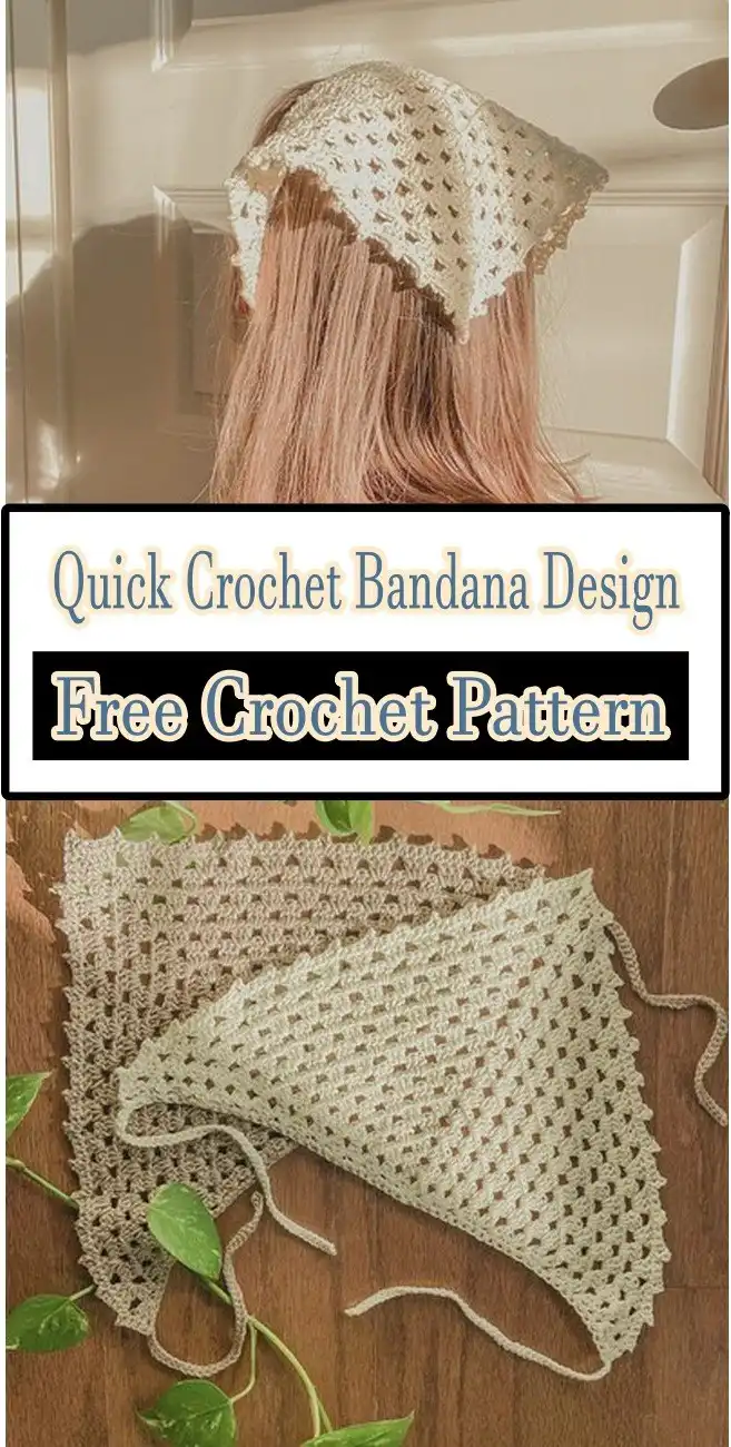 A quickly crocheted triangular bandana using basic stitches, showcasing its fast construction and versatile wearability as a chic accessory.