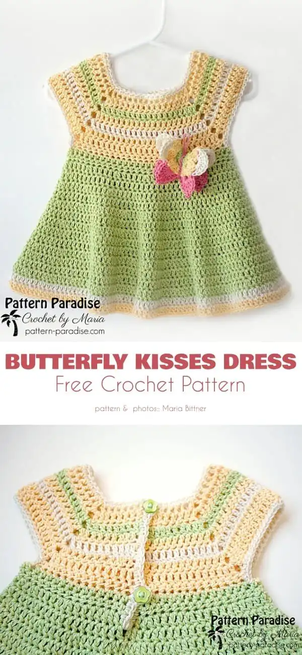 Easy crochet girl dress pattern with textured stitches and a wavy hemline, ideal for beginners