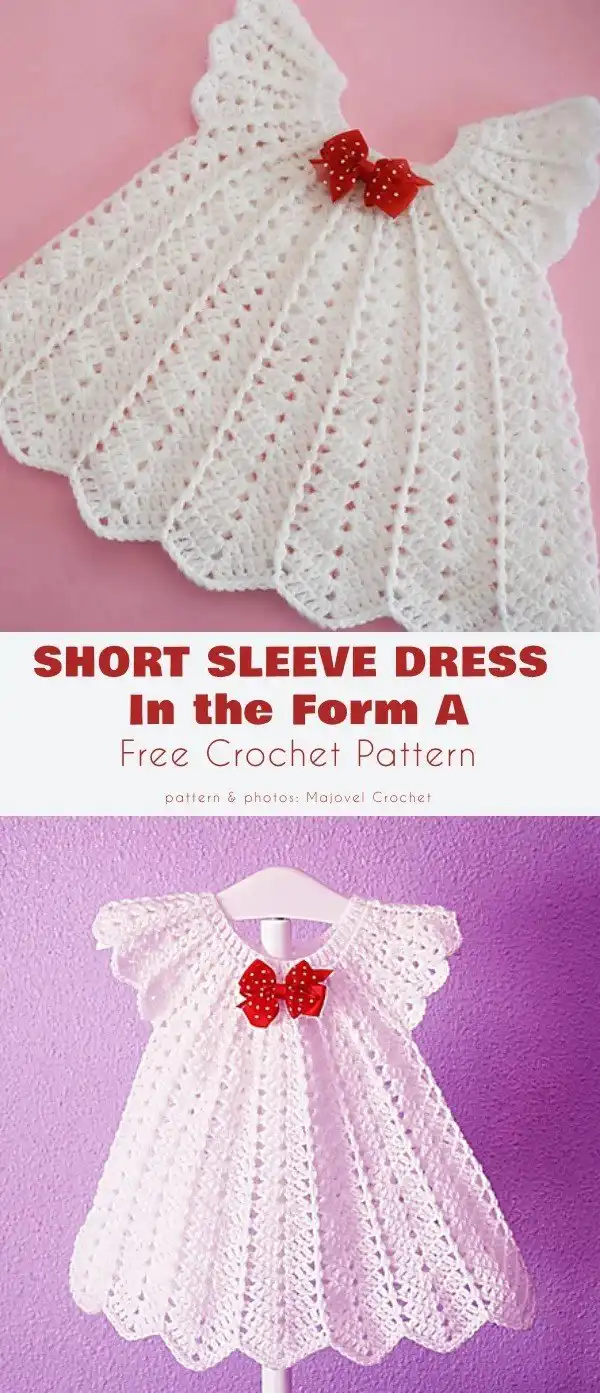 Butterfly Kisses baby dress crochet pattern featuring a prominent butterfly applique and colorful stripes