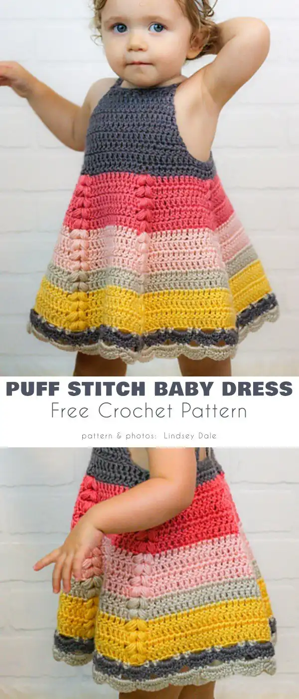 Classic short sleeve A-line baby dress crochet pattern with wing-like sleeves and a red bow accent