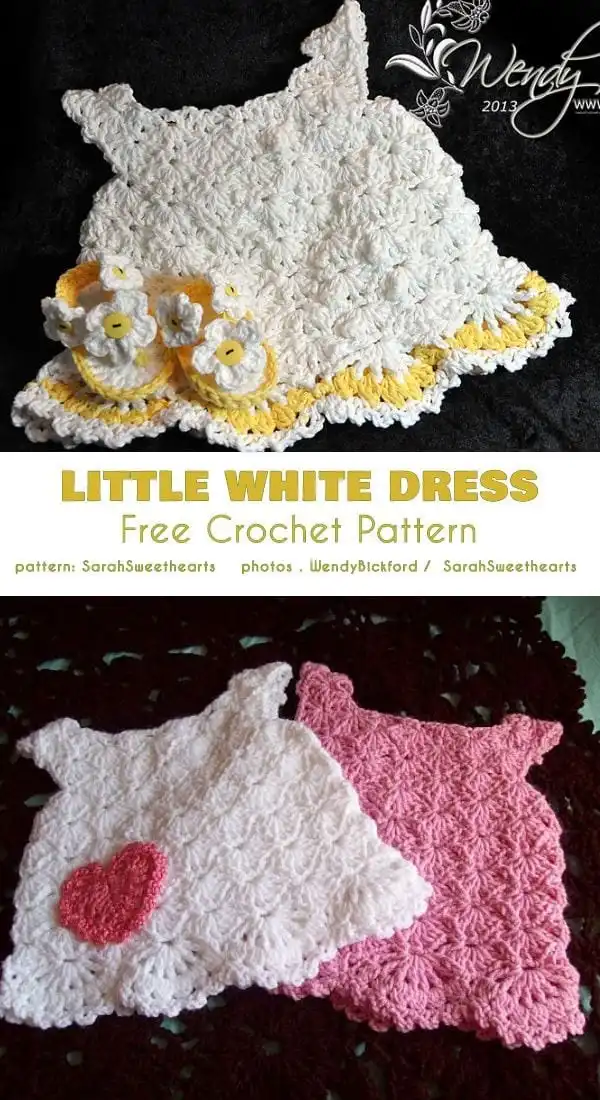 Puff stitch toddler dress crochet pattern in gentle colors with a comfortable flared skirt