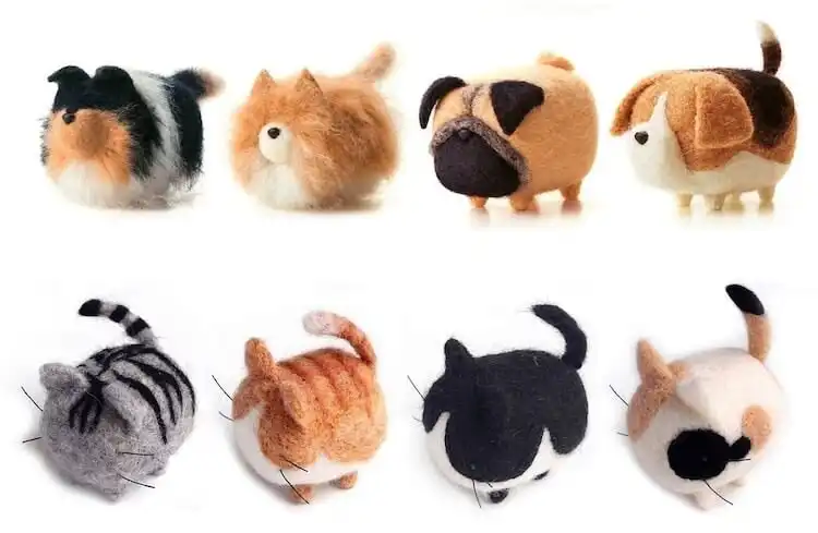 Best Needle Felting Ideas, Kits, and DIY Tutorials 4 Needle felting kit for making various dog and cat breeds, specifically Shiba Inu figures, with diverse expressions