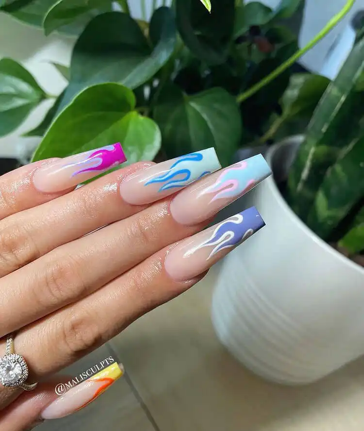 Black Nail Designs - Black Flames and Checkerboard 14 Nails featuring both flame designs and a classic checkerboard pattern for a striking, modern look.