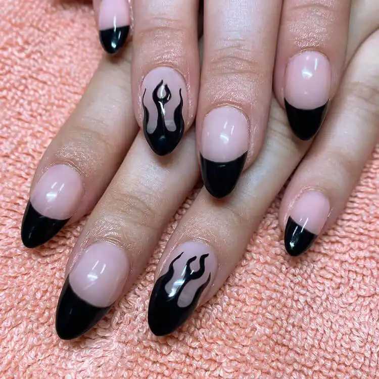 Black Nail Designs - Black Flames and Checkerboard 15 Creative flame nail designs using multiple shades of pink and blue for a unique, colorful effect.