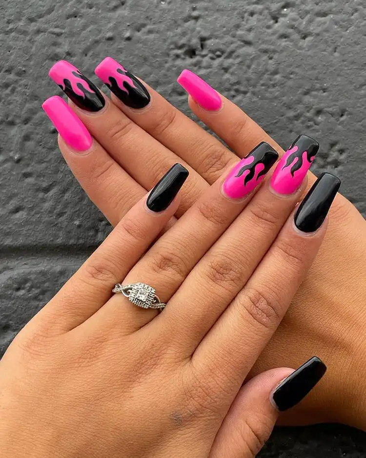 Black Nail Designs - Black Flames and Checkerboard 6 Bold nail design featuring contrasting hot pink and black flame patterns.
