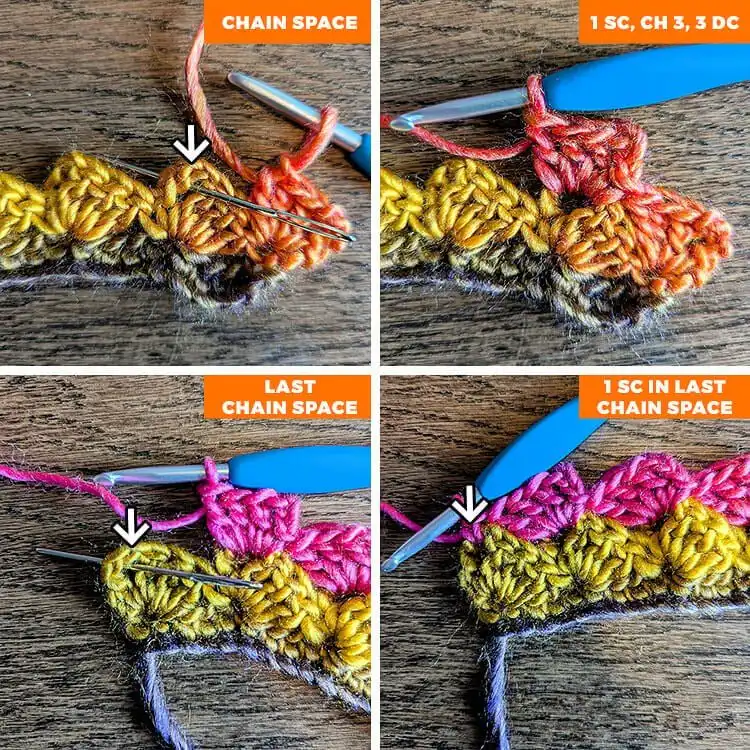 Detailed instructional photo showing how to work into a chain space, a key technique for the Blooming Hues Crochet Blanket Pattern.