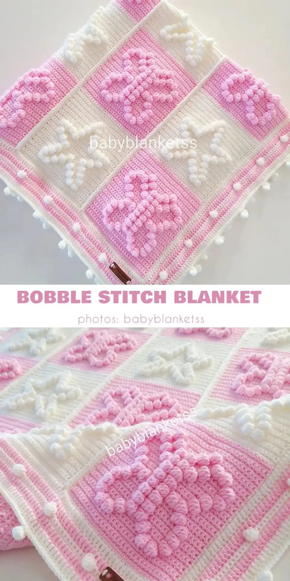 A close-up of a bobble stitch blanket with crocheted letters forming a name or word, showcasing personalized alphabet designs.