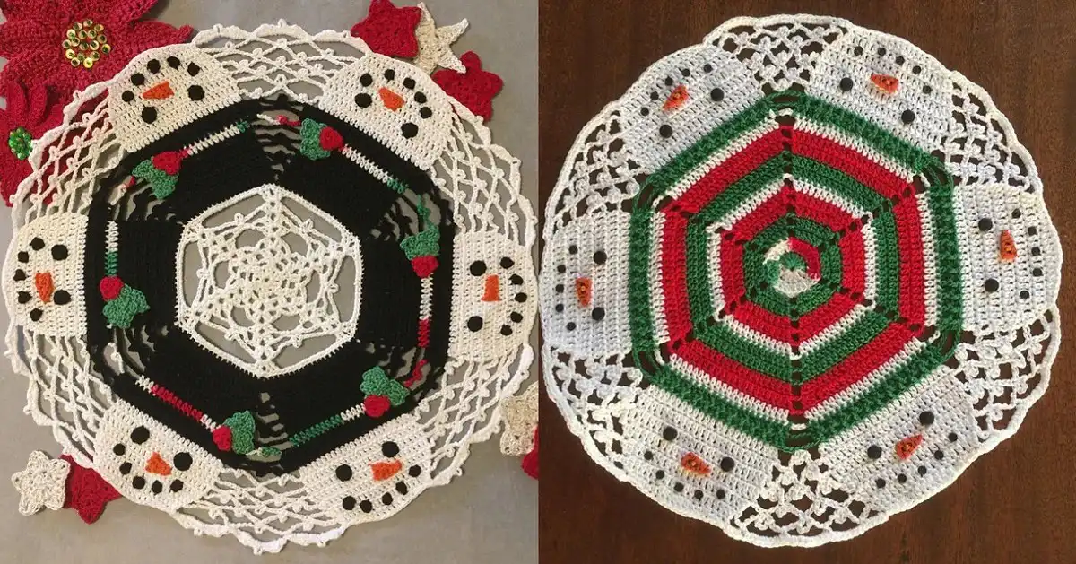 Beautifully crocheted red and white Christmas doily with intricate snowflake or star design on a festive background.