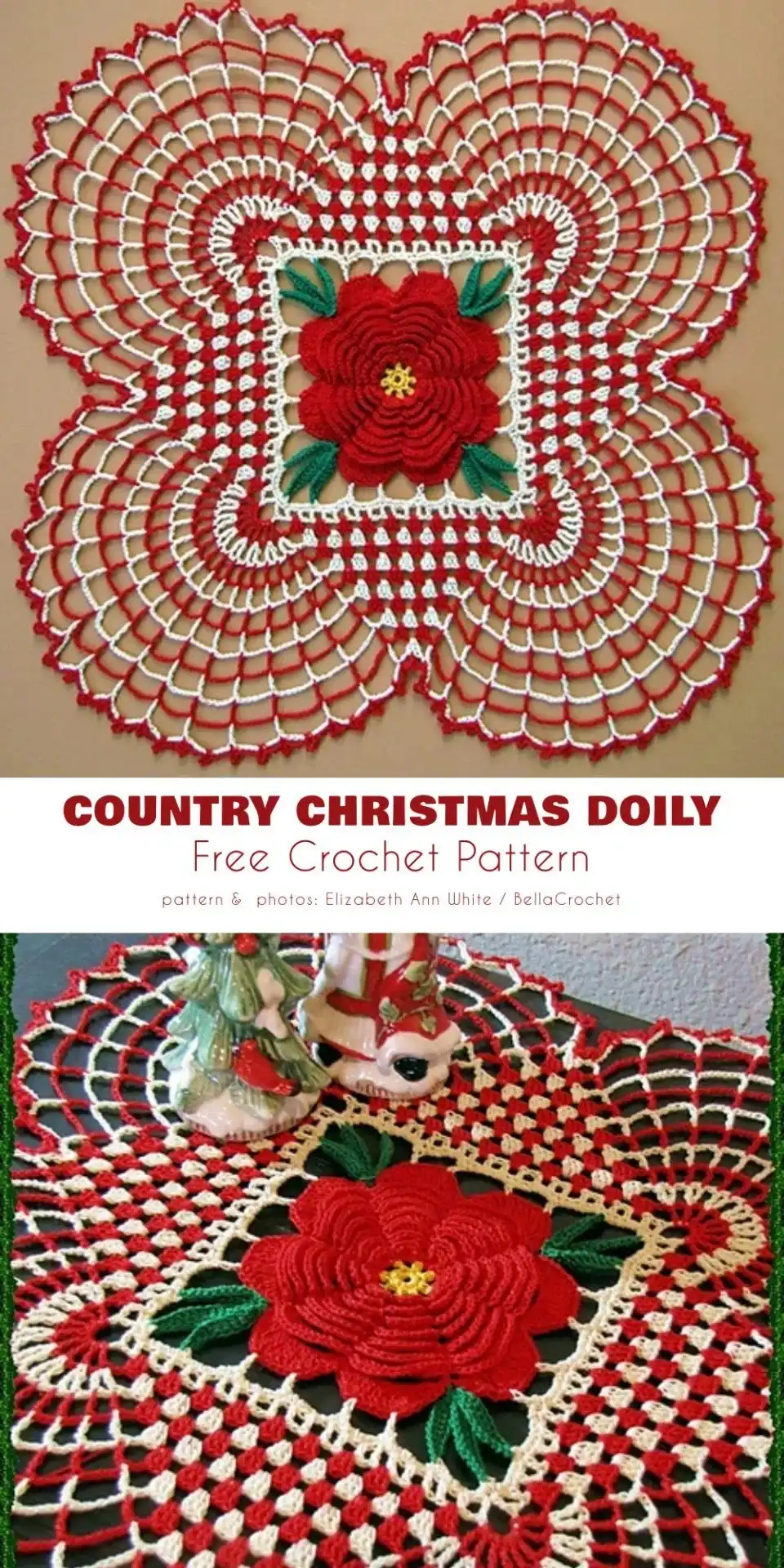 Close-up of a delicate white crochet doily with a poinsettia or star motif, perfect for holiday place settings.