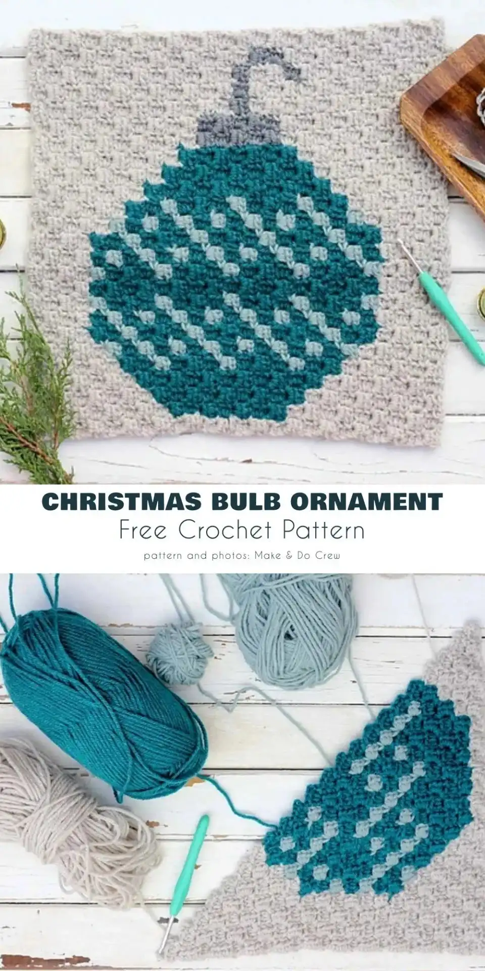 Detailed mosaic crochet Christmas bulb ornament in festive colors, designed by Jess Coppom.