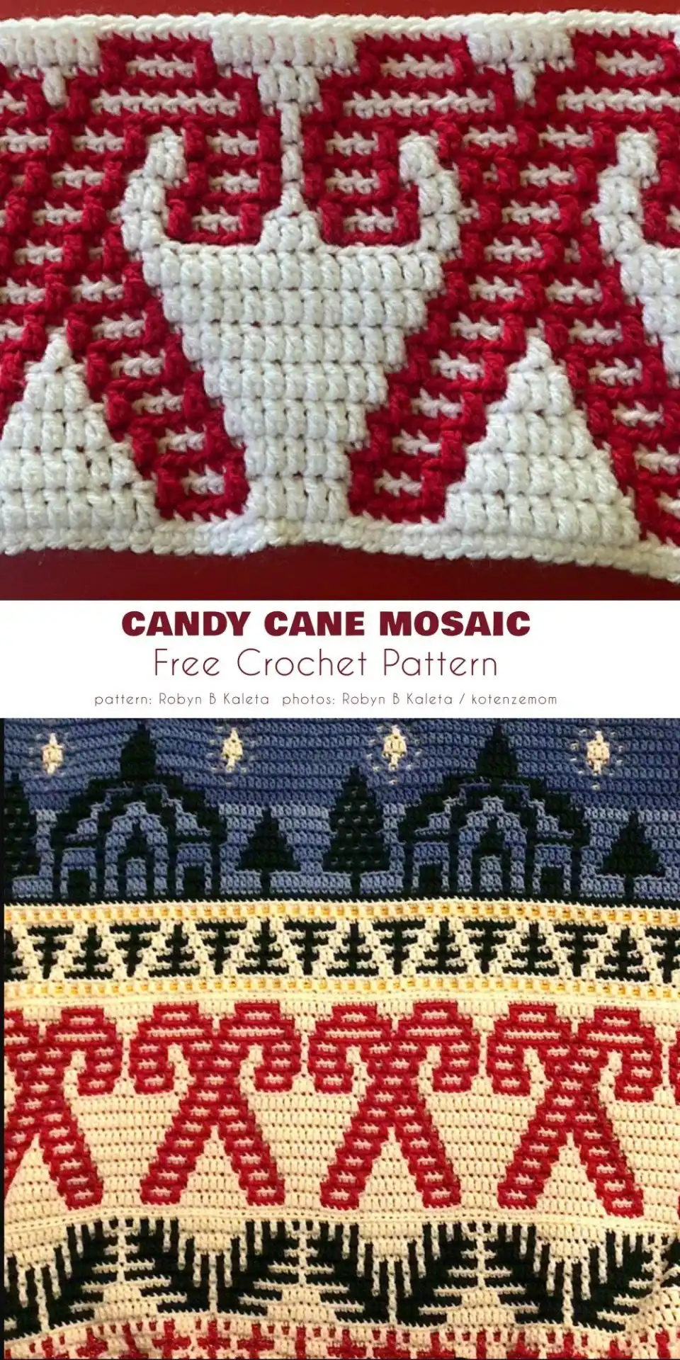 Mosaic crochet candy cane pattern with fine houndstooth-like resolution, by Robyn B Kaleta.