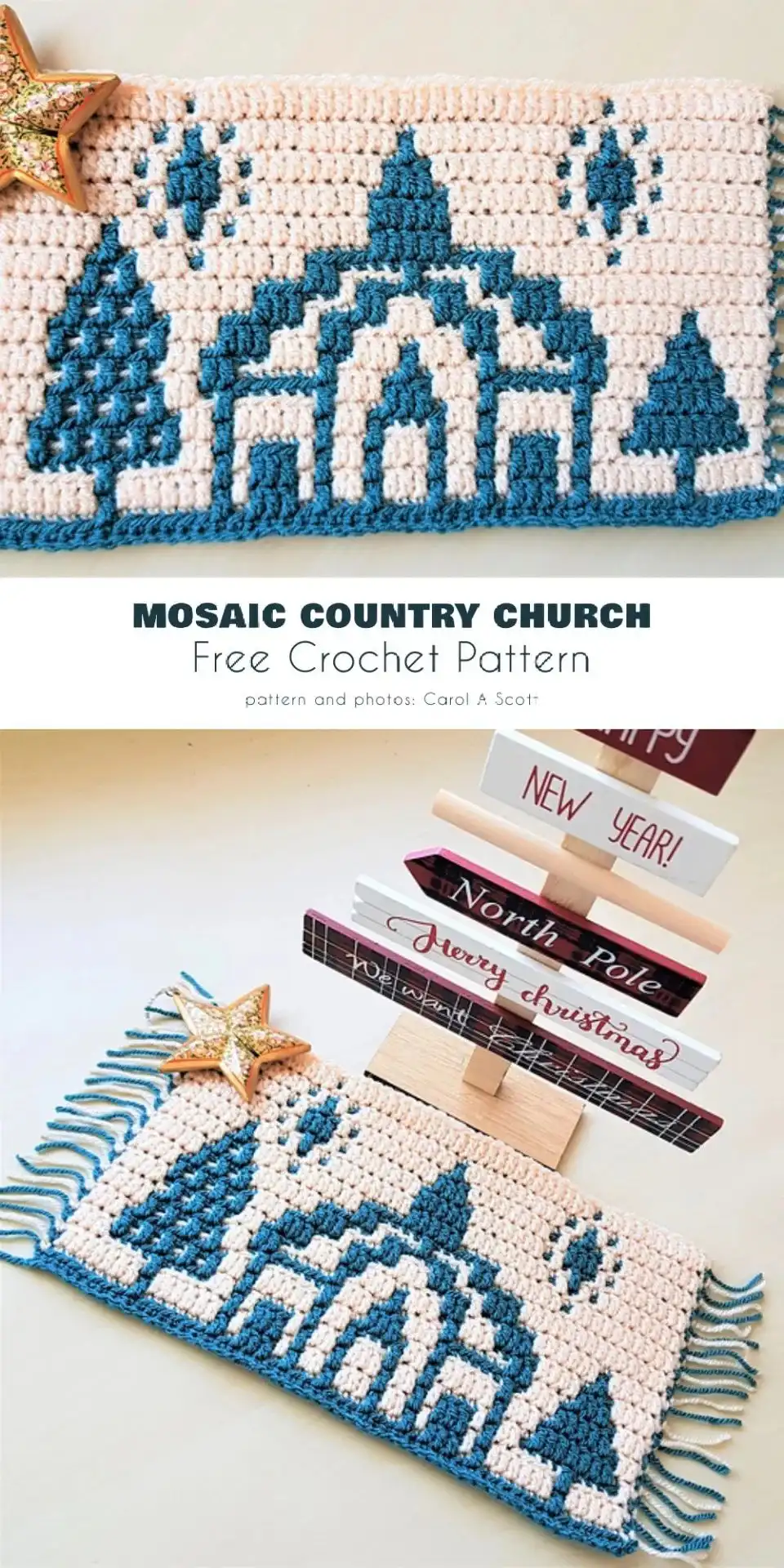 Peaceful country church mosaic crochet scene in winter, designed by StringyDingDing.