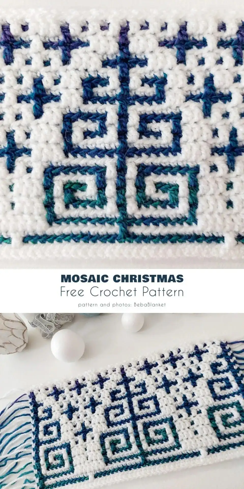 Modern abstract mosaic crochet pattern featuring Christmas trees and snowflakes, by BebaBlanket.