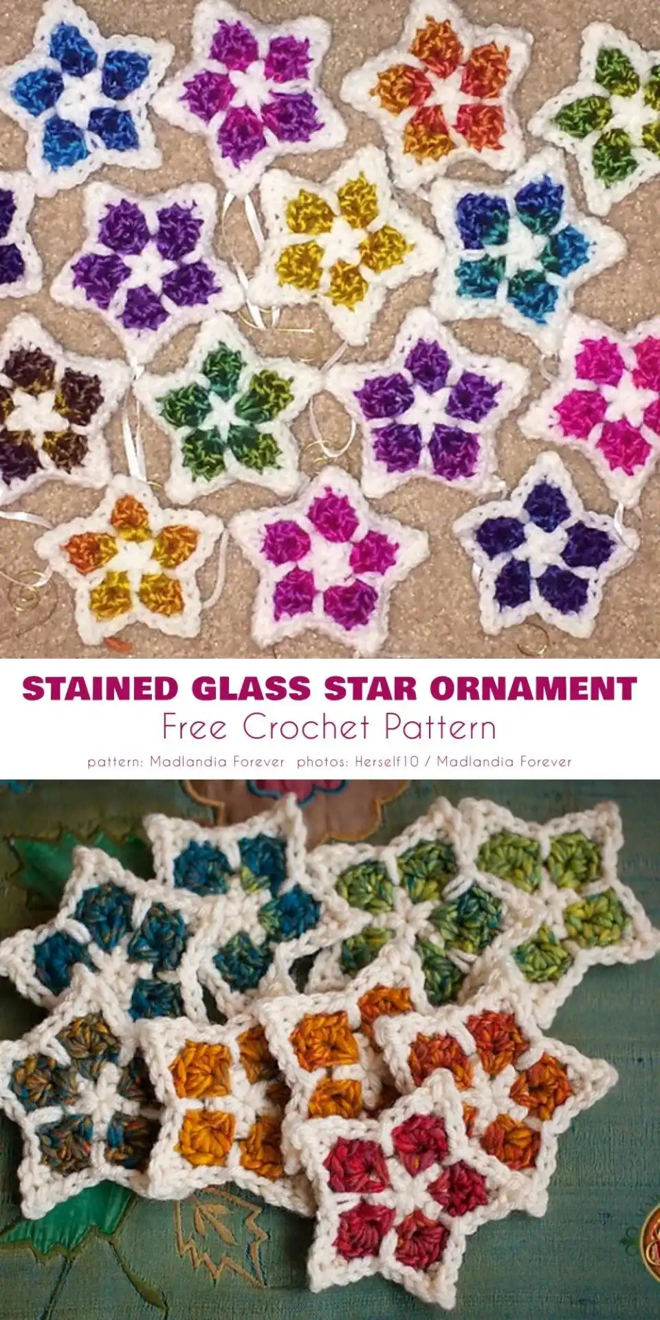 Stained glass effect mosaic crochet star ornament, showcasing vibrant colors and geometric lines by Madlandia Forever.