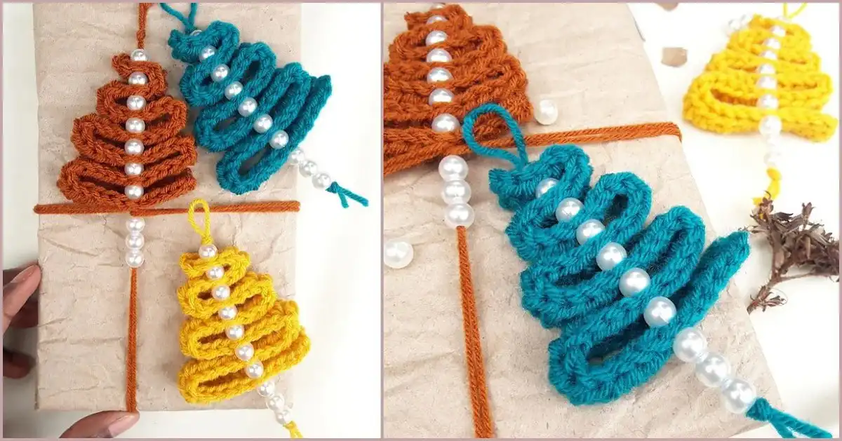 A festive display of various handmade Christmas Tree Ornament Free Crochet Patterns hanging on a decorated evergreen branch.