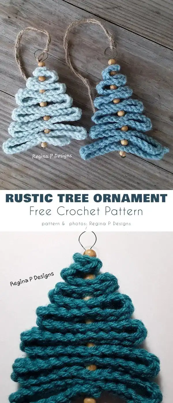 A rustic crochet Christmas tree ornament, crafted in earthy tones, hanging from a pine branch.