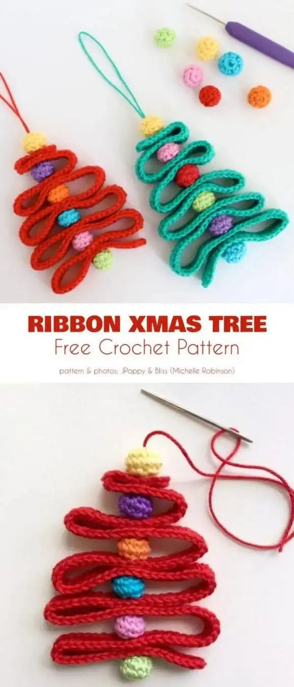A ribbon-style crochet Christmas tree ornament with delicate folds and a whimsical design by Poppy & Bliss.