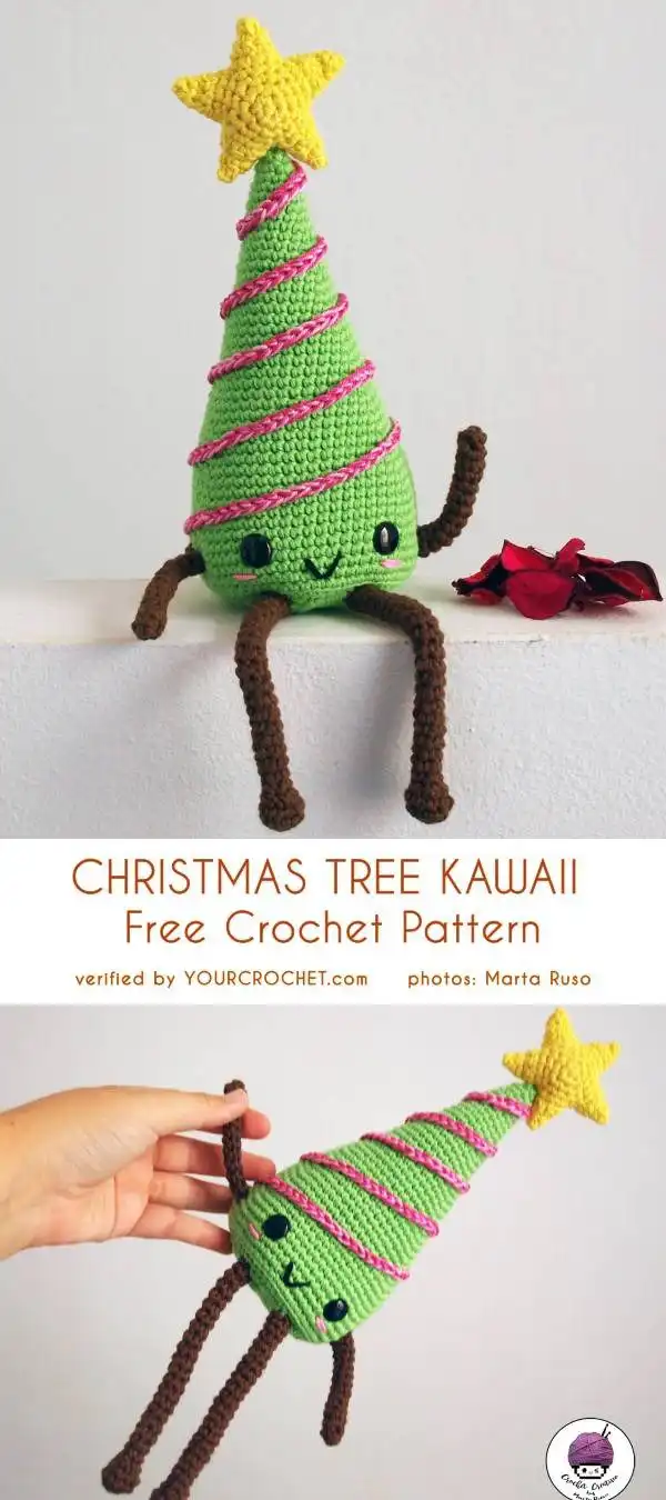 A cute Christmas Tree Kawaii crochet ornament, a 3D amigurumi-style tree with a sweet expression by Marta Ruso.