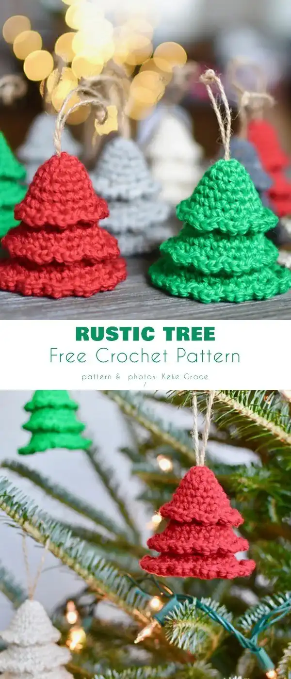 A 3D rustic crochet Christmas tree ornament with a classic silhouette, decorated with golden accents.