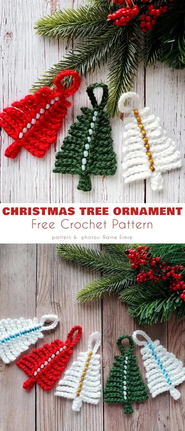 An easy crochet Christmas tree ornament adorned with small, sparkling beads.