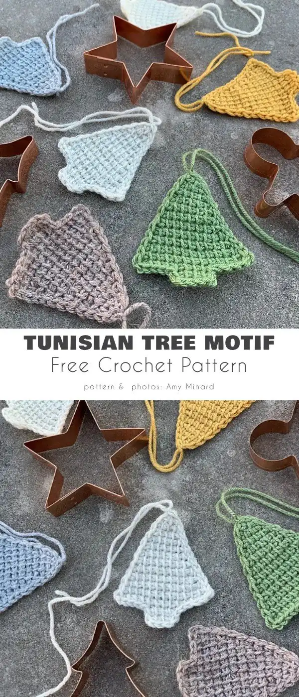 A Tunisian crochet Christmas tree motif, showcasing its unique dense texture and defined stitches.