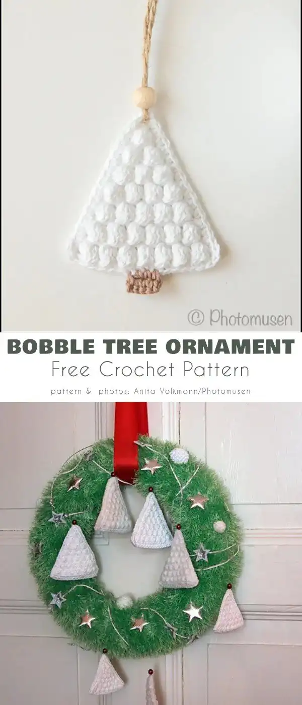 A bobble stitch crochet Christmas tree ornament with pronounced textures, ready to twirl.