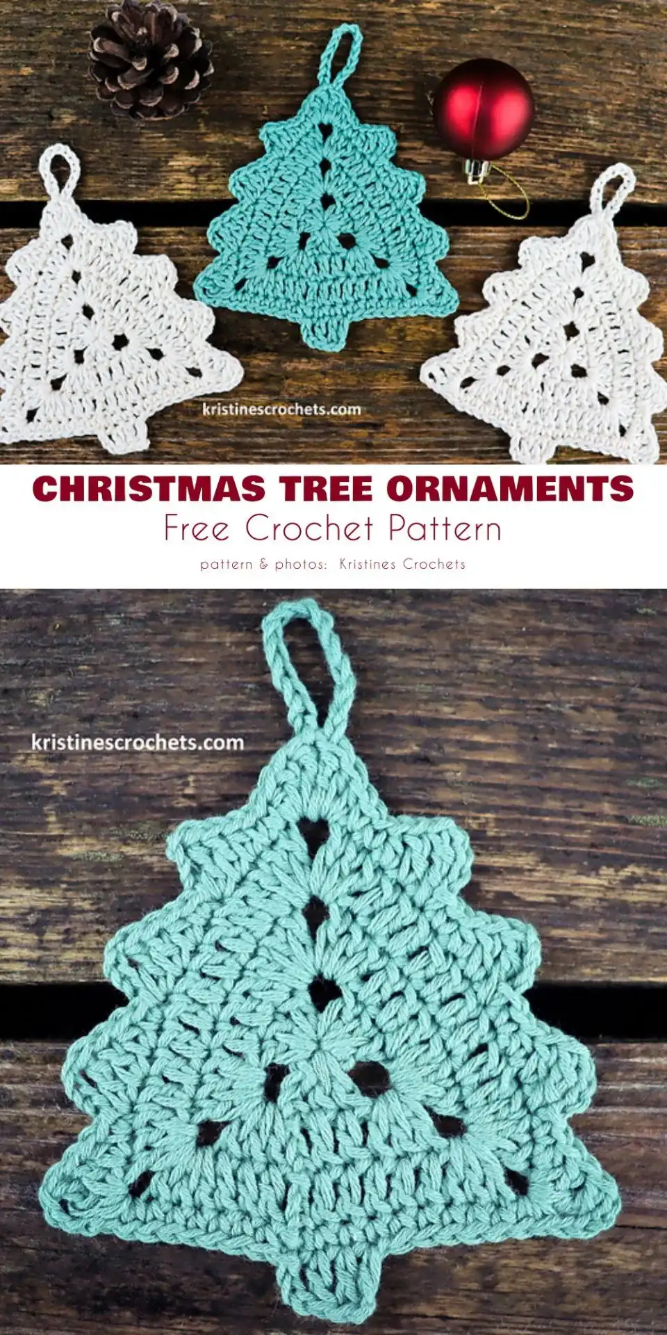 A flat 2D crochet Christmas tree ornament, ideal for hanging or as an applique.