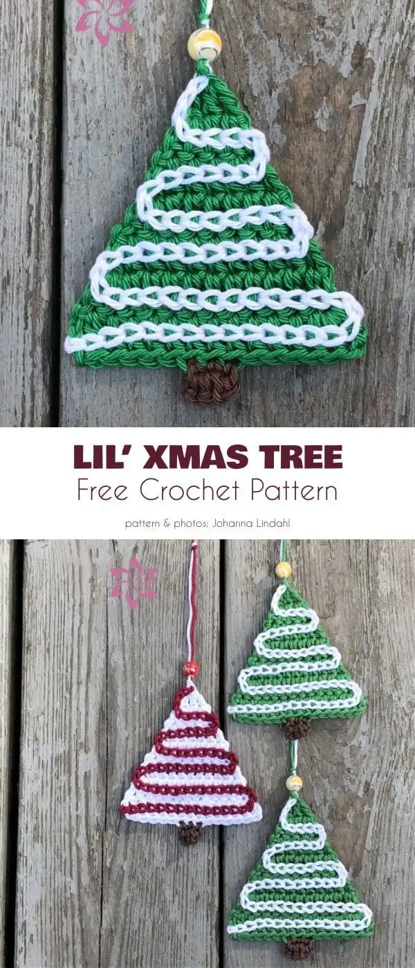 Lil's Xmas Tree, a crochet ornament with a gingerbread-like appearance and 'icing' details by Johanna Lindahl.