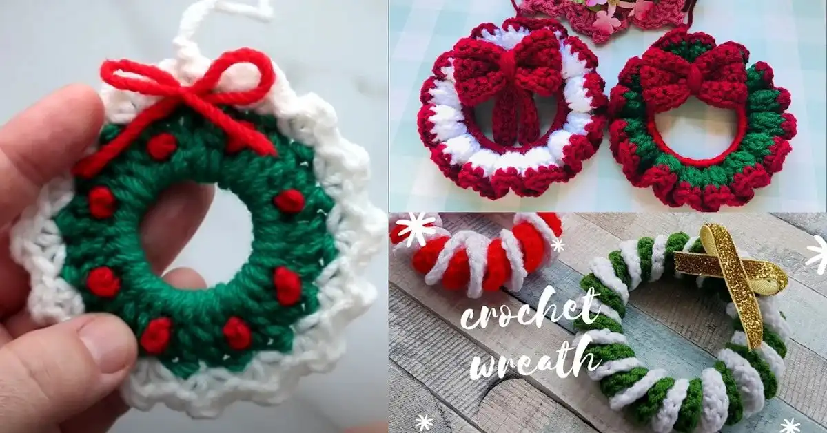 Festive green crochet Christmas wreath ornament hanging on a tree with lights, showcasing intricate stitches and a red bow, embodying Christmas Wreath Ornament The Best Crochet Tutorials.