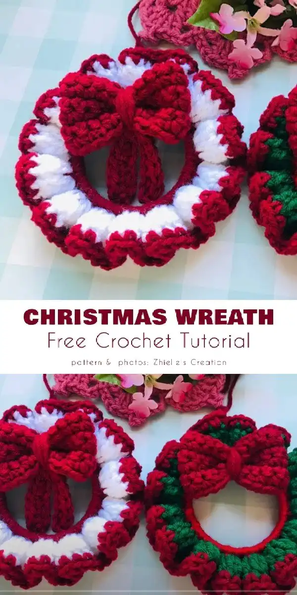 Close-up of a delicate handcrafted crochet mini Christmas wreath ornament, highlighting yarn texture and design details, a perfect example from Christmas Wreath Ornament The Best Crochet Tutorials.