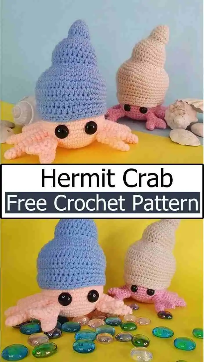A detailed view of the Skein Spider Hermit Crab crochet pattern, featuring a brown body and a beautifully textured, multi-colored shell, highlighting the craftsmanship.