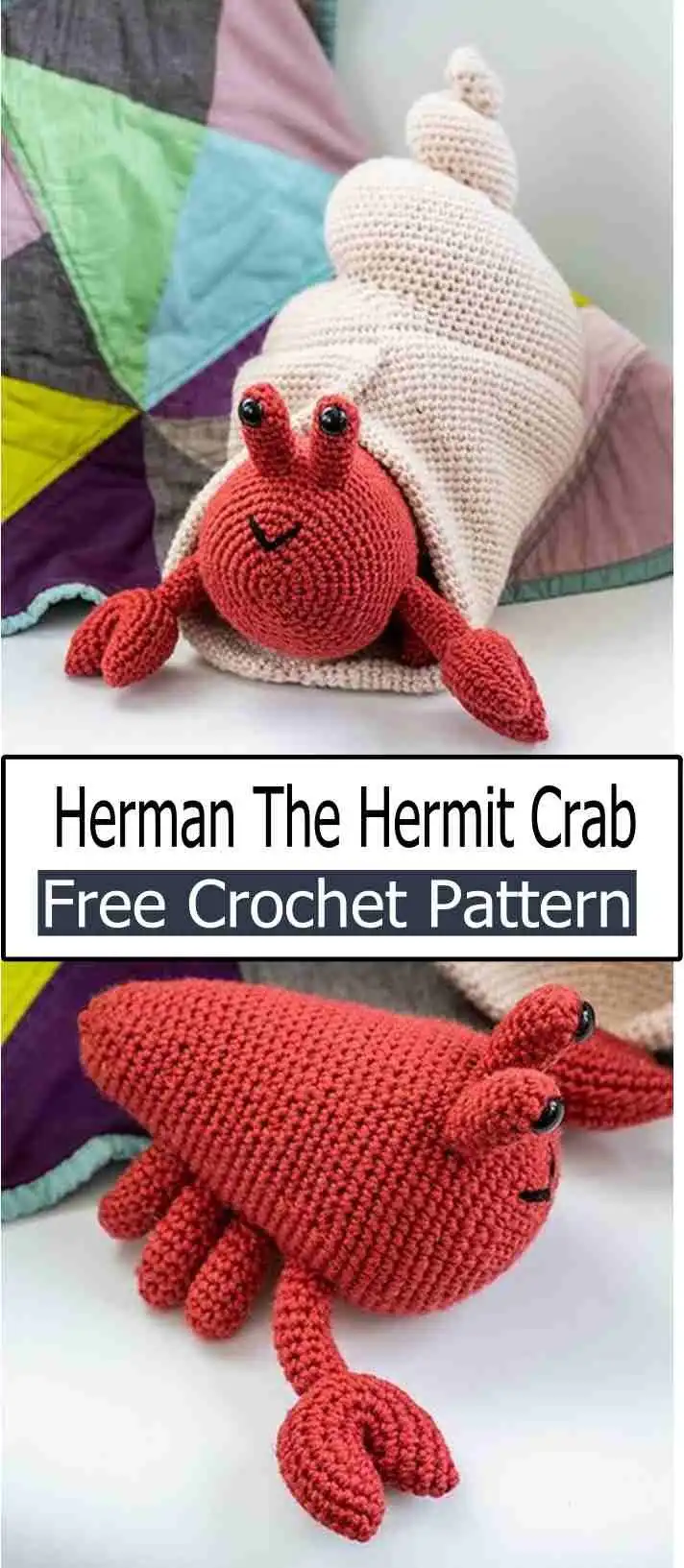 Herman The Hermit Crab crochet pattern by Brenda K. B. Anderson, showing a friendly cream-colored crab with large eyes and a pink spiral shell, sitting on a natural surface.