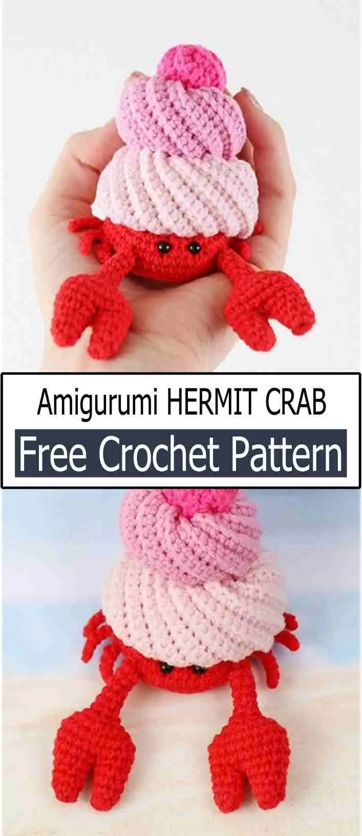 A small, colorful Amigurumi Hermit Crab in red, pink, and lilac, with black safety eyes, demonstrating a simple and cute design from the Colorful Crochet Hermit Crab Pattern Ideas Guide.
