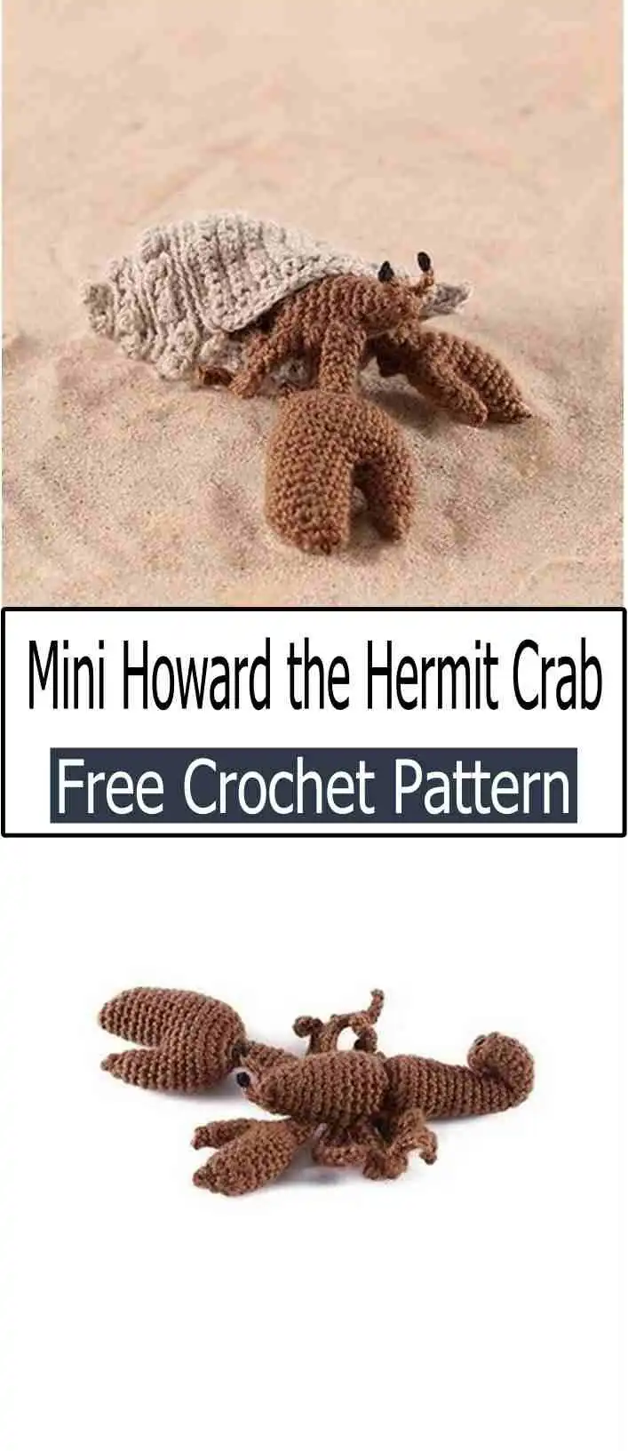 Mini Howard the Hermit Crab crochet pattern, featuring a small, cute crab with a blue body and a green striped shell, perfect for a touch of ocean flair.