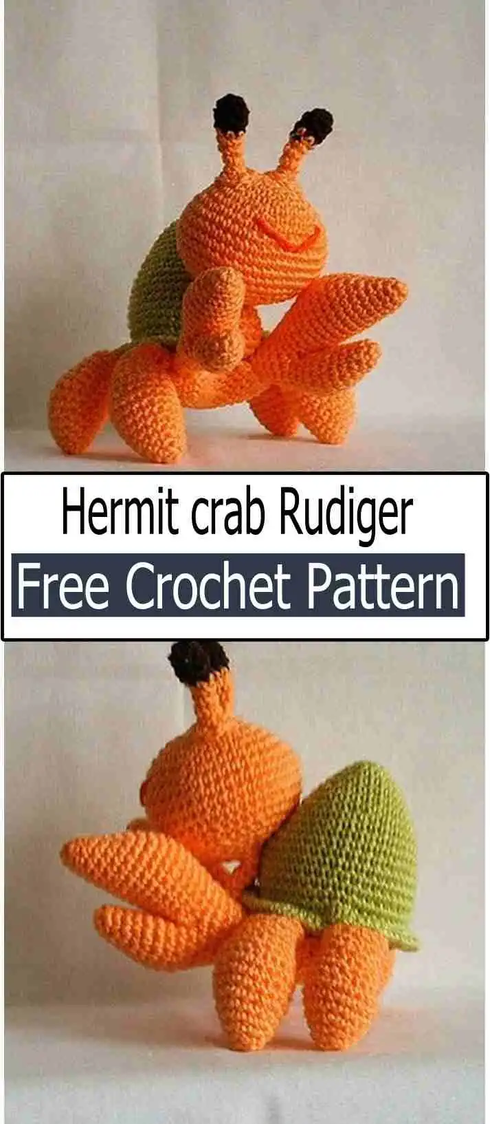 Hermit Crab Rudiger crochet pattern, a charming and playful crab with a red body and a swirled green and blue shell, sitting on a wooden surface.