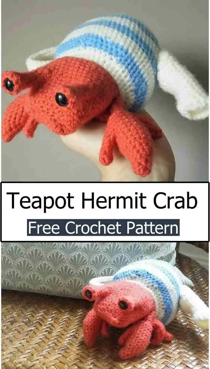 The unique Teapot Hermit Crab crochet pattern by Maffers, showing a small crab peeking out of a beautifully crafted yellow and white teapot-shaped shell.