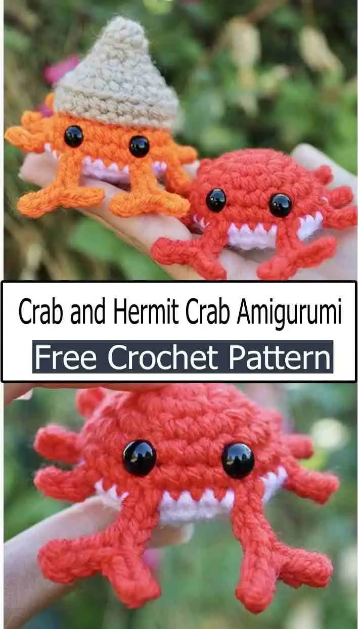 Two small amigurumi, a red crab and a red hermit crab with a blue swirled shell, from the Crab and Hermit Crab Amigurumi pattern, suitable for advanced beginners.