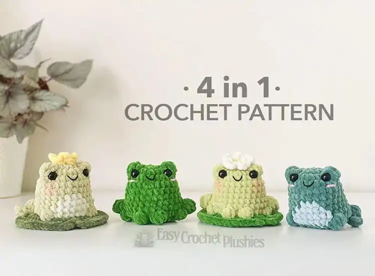 Set of four small, colorful no-sew crochet frog amigurumi in green, blue, and yellow yarn