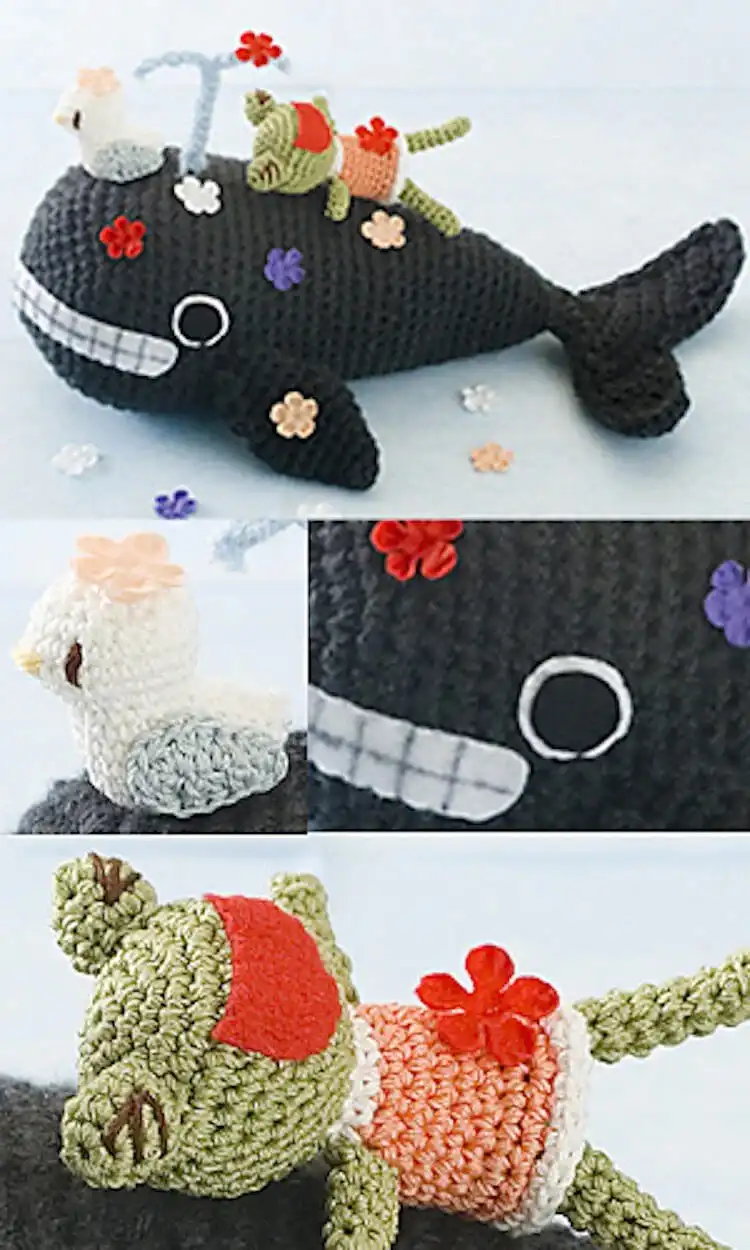 Collection of crochet amigurumi: a blue whale, a green frog, and a white seagull
