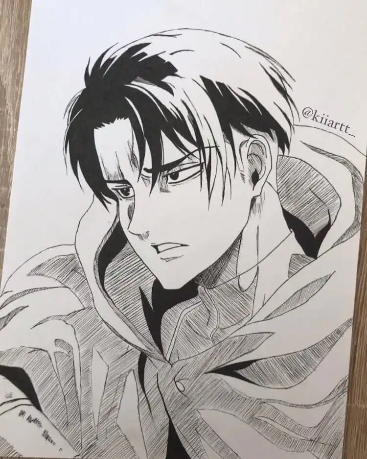 A shaded drawing of Levi Ackerman demonstrating good technique for depicting shadows and light on anime characters, emphasizing his intense gaze.