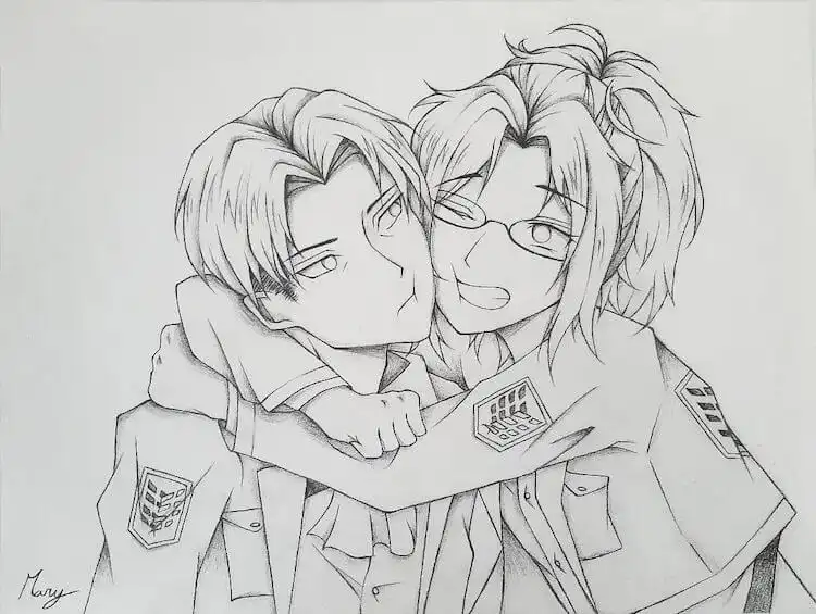A unique, cute style drawing of Levi Ackerman interacting with a girl, showing a softer side or fan-created scenario.