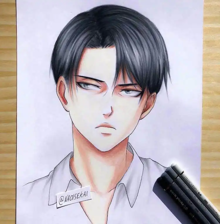 A striking fan art illustration of Levi Ackerman, serving as a creative inspiration for artists looking to draw this iconic character.
