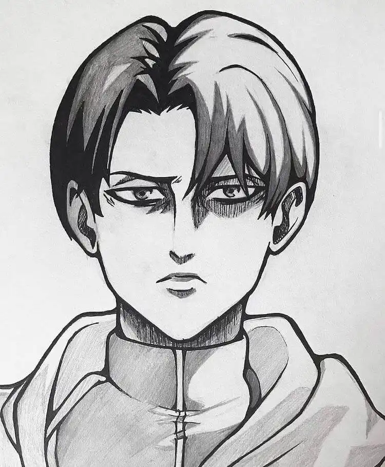 An example of Levi Ackerman drawing with effective shading techniques, illustrating depth and form on his uniform and features.